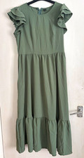 Womens Green Chiffon A-Line Midi Dress Round Neck Ruffle Sleeve Zip Back M