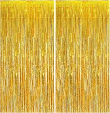 2 Pack Gold Foil Fringe Curtains, 3.3x6.6 Ft Metallic Tinsel Backdrop Party