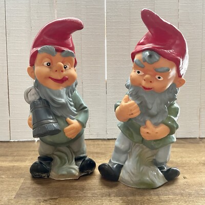 2 Heissner Garden Gnomes Elf Beer Stein Plastic Figurines West Germany Vintage