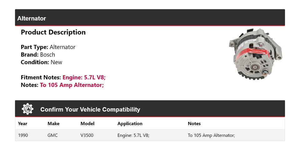 Alternador Bosch GMC V3500 1990 5,7 L V8 (nuevo) Foto 2 de 4