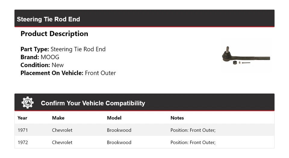 Para Chevrolet Brookwood 1971-1972 extremo de barra de dirección delantero exterior MOOG Foto 2 de 4