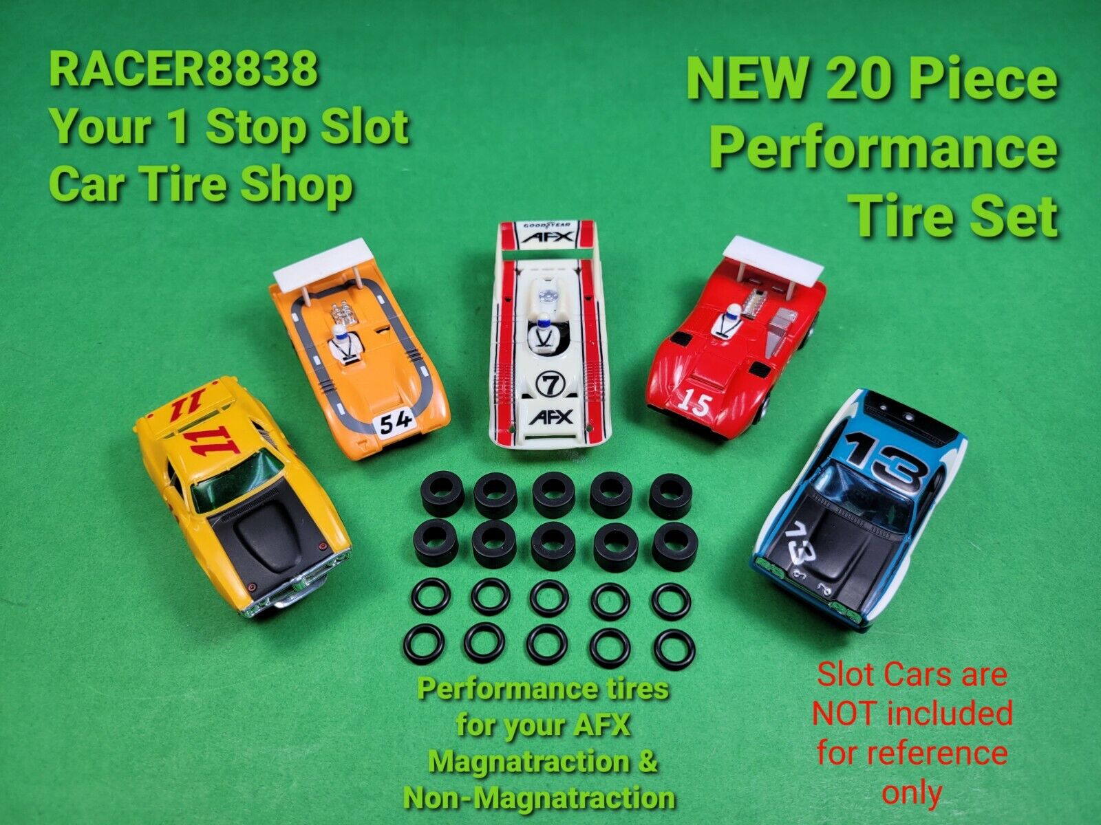AFX AURORA MAG & NON-Mag 20 NEW TIRES front O-RINGS & REAR SILICONES HO Slot Car