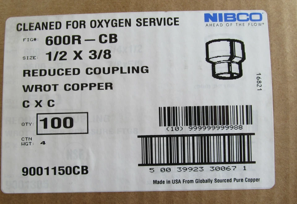 100 NIBCO 600R-CB WROT COPPER 1/2 x 3/8 CxC REDUCING COUPLINGS OXYGEN SERVICE - Image 2 of 2