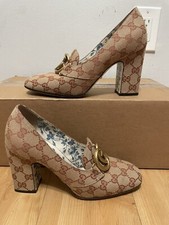 Gucci Beige Ruggine Victorie Marmont Double G Pumps Canvas Monogram EU38 1/2