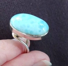 Sterling Silver Larimar Ring Large Oval Amazing Coloring Size 8 Double Band 7g
