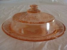 Pink Glass Round Butter Dish & Lid With Rose Design