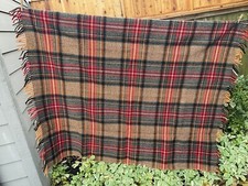 VTG BROWN PLAID Blanket Throw Heavy Boiled Wool Fringed Tight Woven 57" x 70"