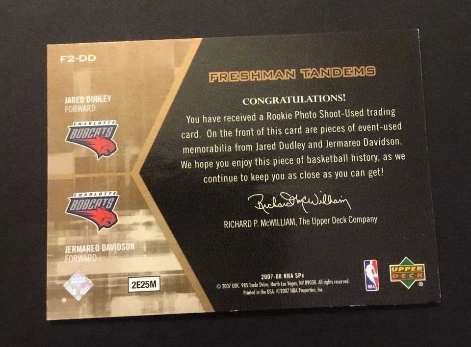 Jared Dudley Jermared Davidson Bobcats 2007 SPx Freshman Jersey Certified JN15 - Image 2 of 2