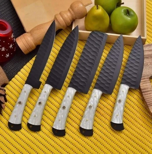 CUSTOM HANDMADE POWDER COATING J2 STEEL KITCHEN KNIFE 5 PICE SET WITH ROLL BAG