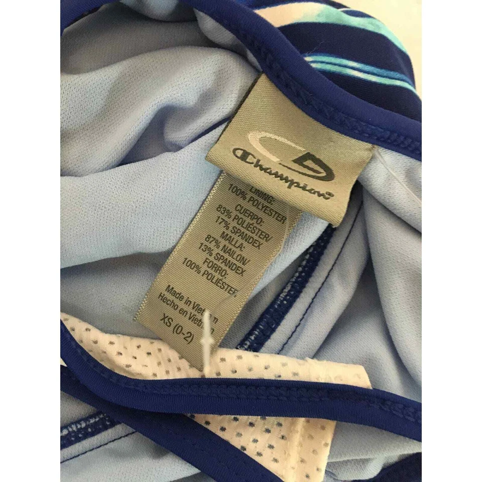 Traje de baño Champion azul y blanco patrón de salpicaduras de pintura malla espalda deportiva Foto 4 de 4