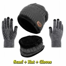 3pcs/set Winter Knit Beanie Hat Scarf Touchscreen Gloves Men Women Warm Suit