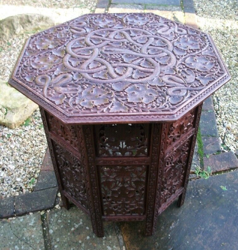EXTRA LARGE ANTIQUE OCTAGONAL INDIAN/BURMESE FOLDING WOODEN SIDE TABLE