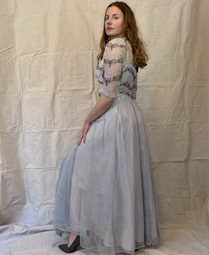 Vintage 30s Ice Blue Chiffon Silver Soutache Maxi Prom Formal Gown size S - Picture 7 of 23
