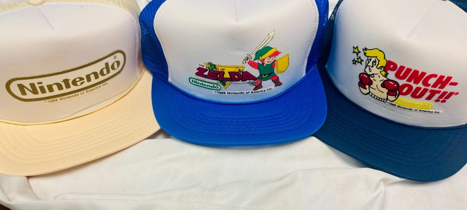 Nintendo Mesh Hats Zelda R Blue, Punchout N Blue, Nintendo Logo Beige 1988- NEW