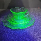 Green Depression Uranium Glass Luncheon Plate w/ Cup & Saucer Scalloped Liberty