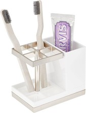 mDesign Plastic Toothbrush and Toothpaste Storage Organizer White/Brushed