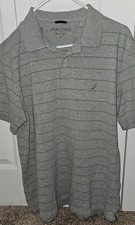 Nautica Mens Size Large Classic Pique Polo Gray, Striped Shirt, Ships Same Day