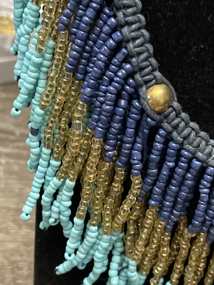 Lux Accessories Beaded Fringe Necklace Blue Gold Turquoise Boho Statement - Image 3 of 4