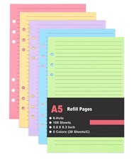 A5 Filler Paper, 6 Hole Colorful Refills, Lined Paper for 6 Ring Binder, 100 ...