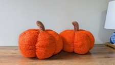 Set of 2 Orange Boucl  Pumpkin Plush Thanksgiving Fall Autumn Decor NEW2