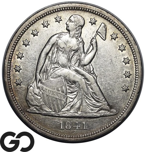 1841 Seated Liberty Dollar, Scarce Early Series US Coin, Choice AU