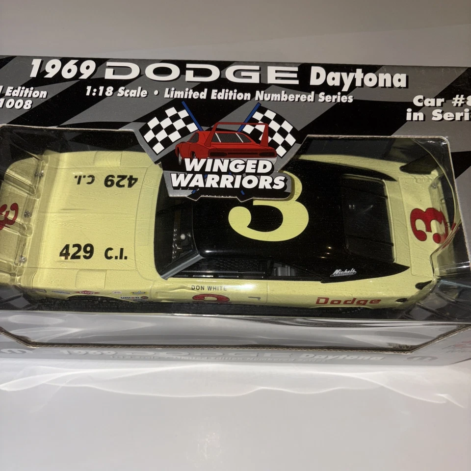 1969 Dodge Daytona 3 Don White Winged Warriors Mopar Diecast 1:18 Car - Yellow - Image 4 of 4