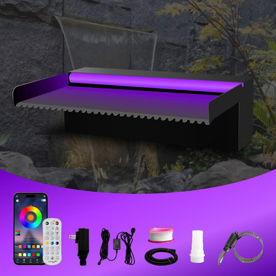 Pool Waterfall Spillway Stainless Steel Pond Fountain, APP Control Colorful LED