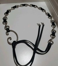 Y2K Vtg Boho Western Black Leather Silver-Tone Scroll Link Statement Belt 32-44"