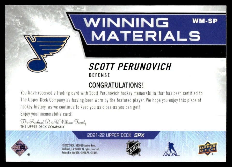 2021-22 SPx Winning Materials Scott Perunovich St. Louis Blues #WM-SP - Image 2 of 2