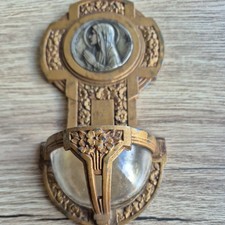 Antique Altar Holy Water Font Plaque  Cast Metal Feature Virgin Mary S12