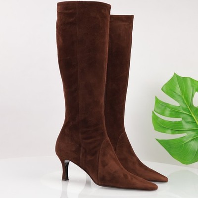 Saks Fifth Avenue Womens Boots Size 8 Tall Brown Suede Pointed Mid Heel Elegant
