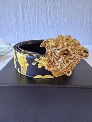 #ad Versace Men#x27;s Black Gold Baroque Dress Belt Gold Plated Medusa Buckle Adjustable $275.00
