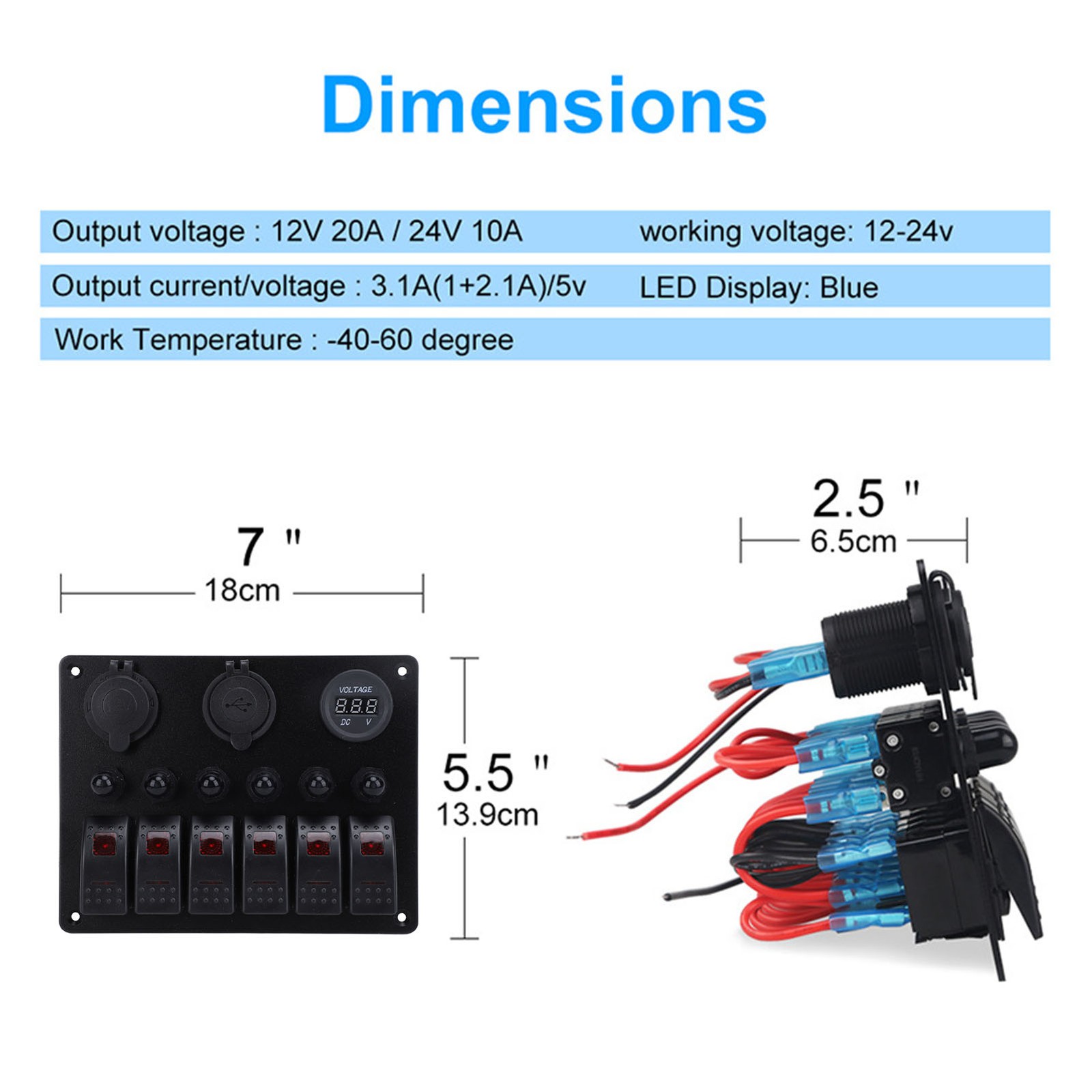 Marine Boat Toggle Switch Digital Voltmeter Display DC 12-24V 6 Gang Rocker