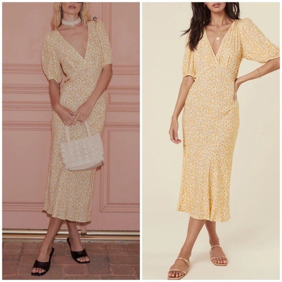 SPELL Mossy Bias Cut Midi Dress Lemonade Floral Size Small