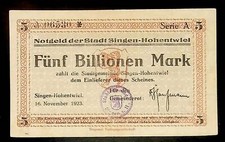 1923 Germany SINGEN HONENTWIEL 5 Trillion / 5.000.000.000.000 Mark Banknote