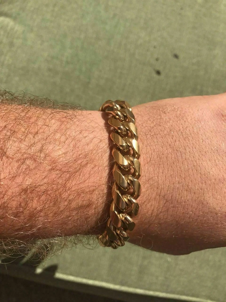 Pulseira masculina cubana Miami Link 14 mm de espessura aço inoxidável folheada a ouro 18k fecho CZ - Imagem 2 de 4