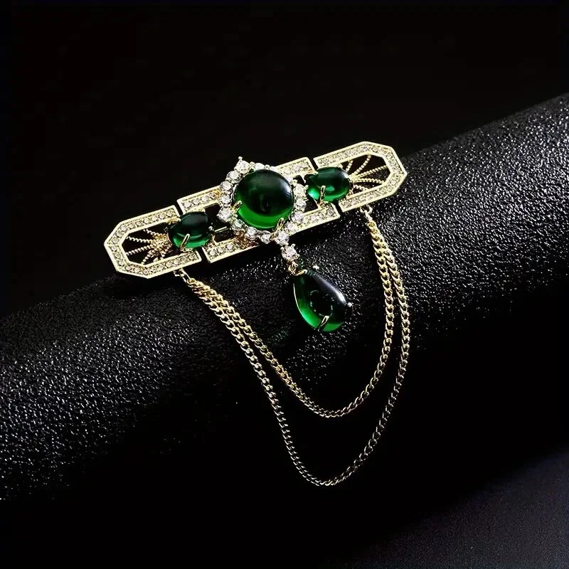 Retro Emerald Wedding Engagement Formal Brooch for Men's Pear Cut Lab Created - Image 3 of 4