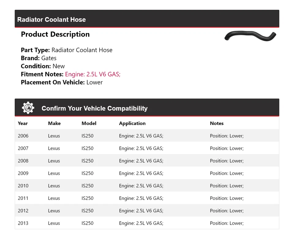 Manguera de refrigerante de radiador de gas V6 de 2,5 L para Lexus IS250 2006-2013 2007 Foto 2 de 4