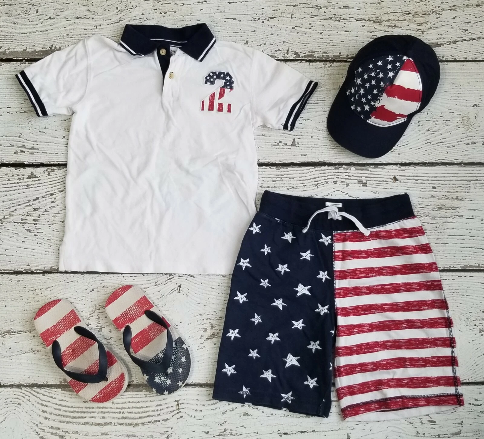CHILDREN'S PLACE 5-6 Boys Red White Blue 4th of July Polo Shorts Hat Sandals