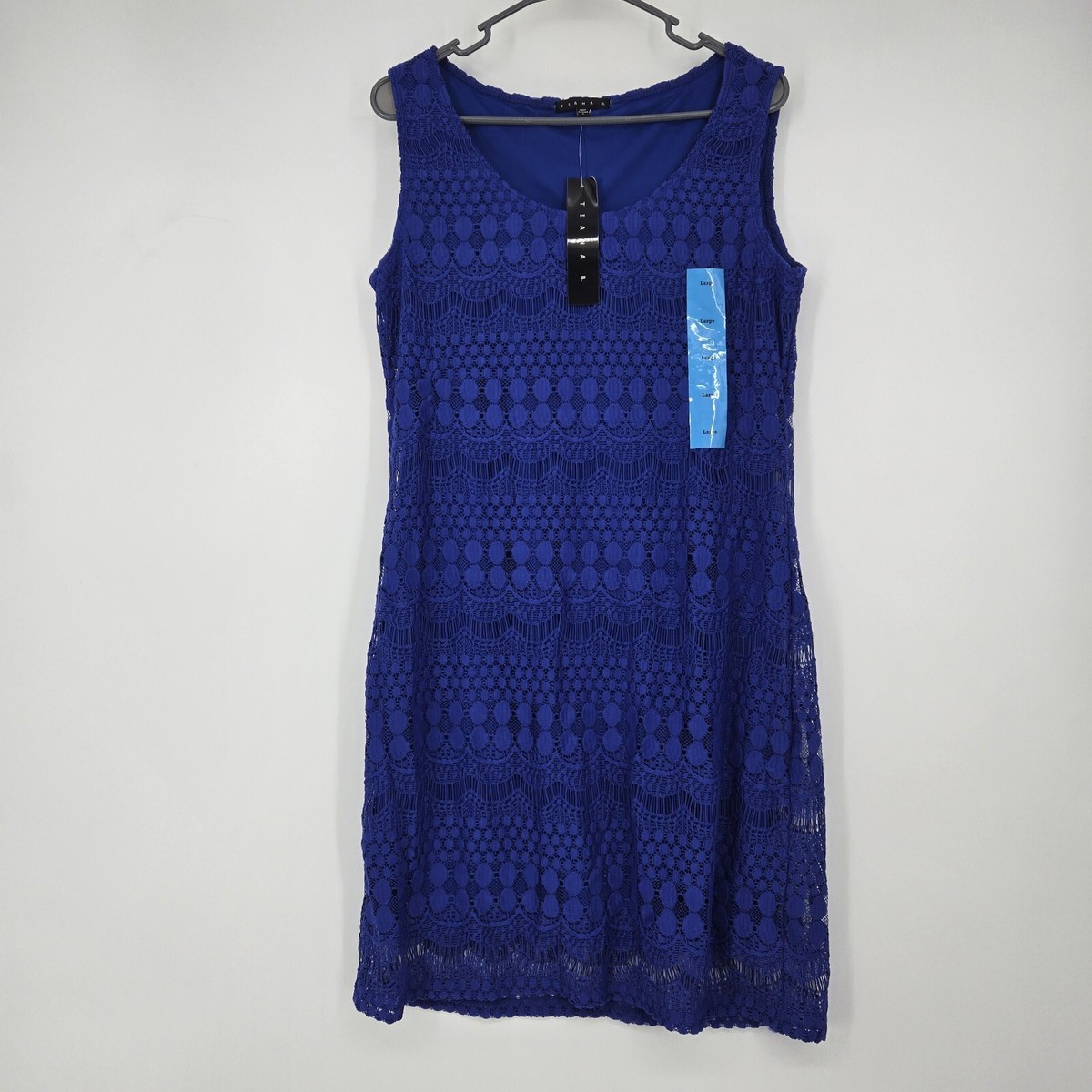 NWT Tiana B Lace Overlay Womens Sleeveless Dress Size Large Blue