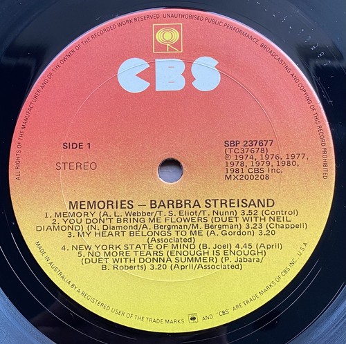 Barbra Streisand Memories Vinyl LP Record - 1981 Australian Pressing SBP-237677 - Picture 6 of 12