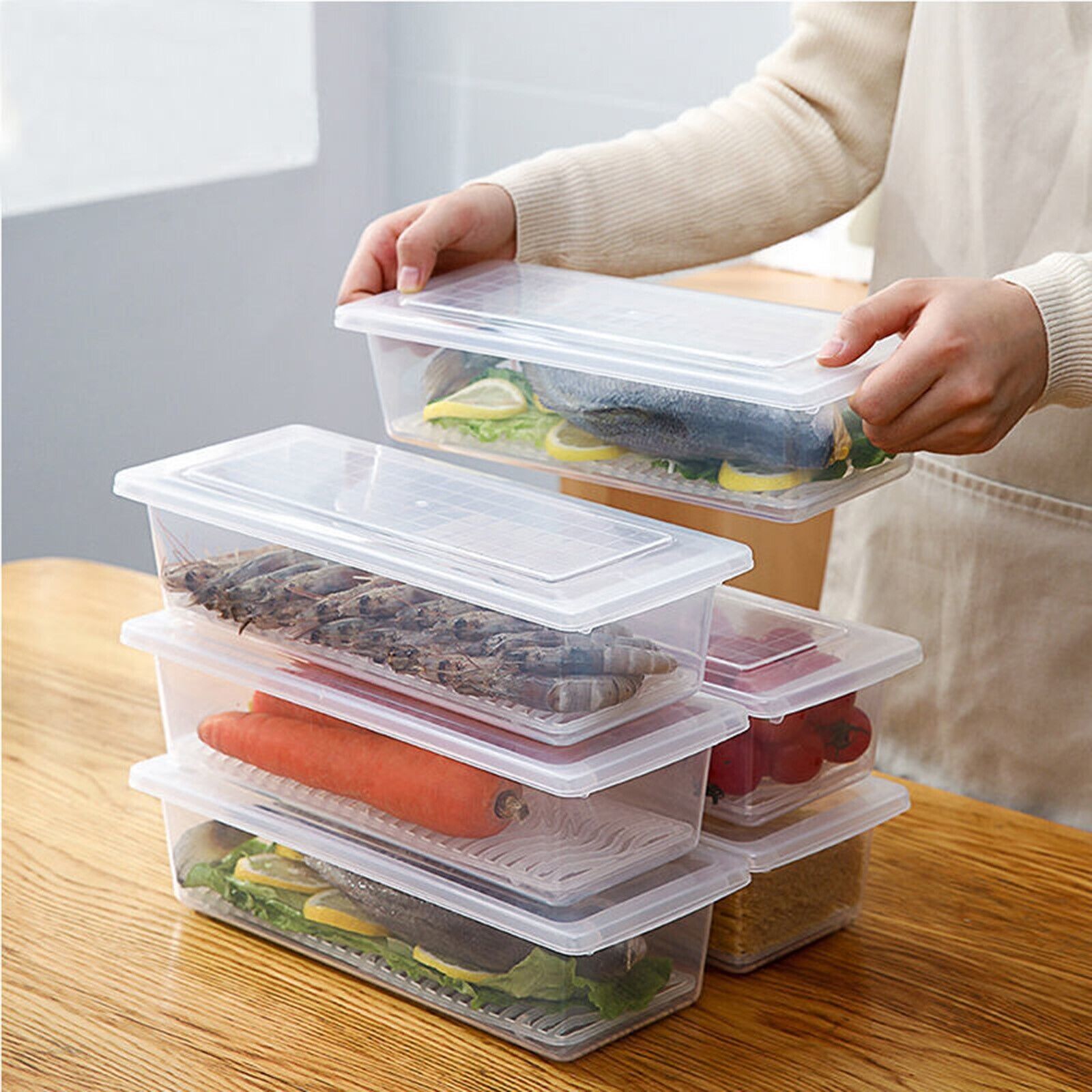 1pc Kitchen Fridge Storage Box For Fish Meat, With Lid, Plastic Rectangle Freezer  Container To Keep Food Fresh And Drain Water