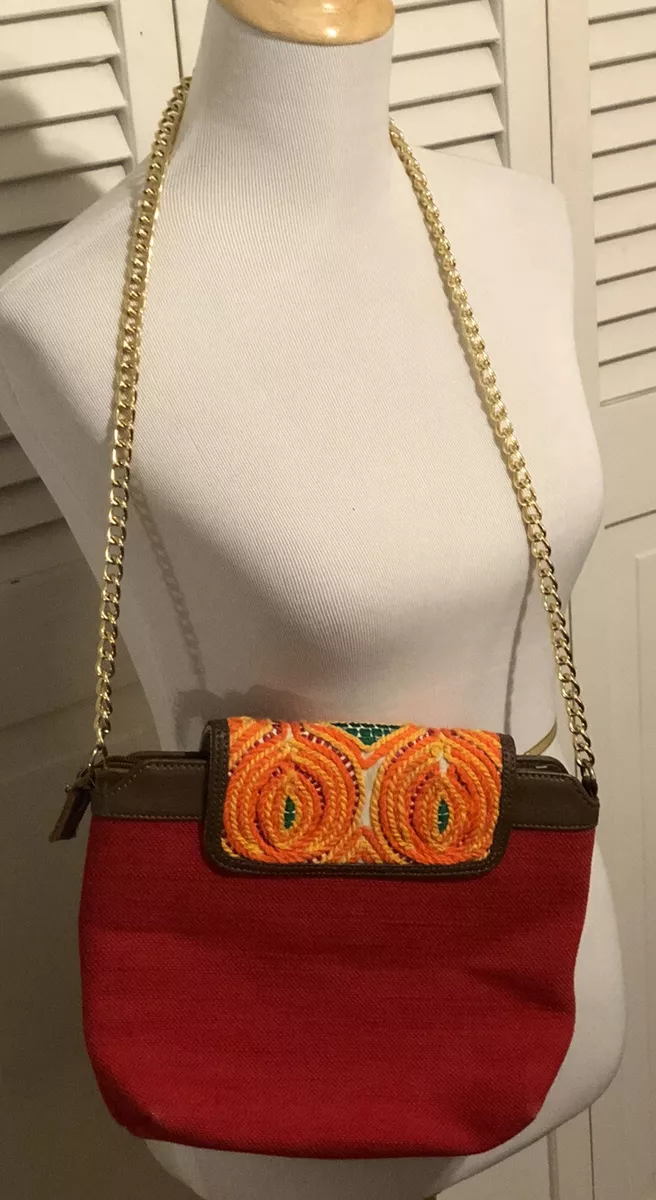 Women s Bag Aarong Bangladesh Multicolored Canvas w Gold Chain Shoulder Strap