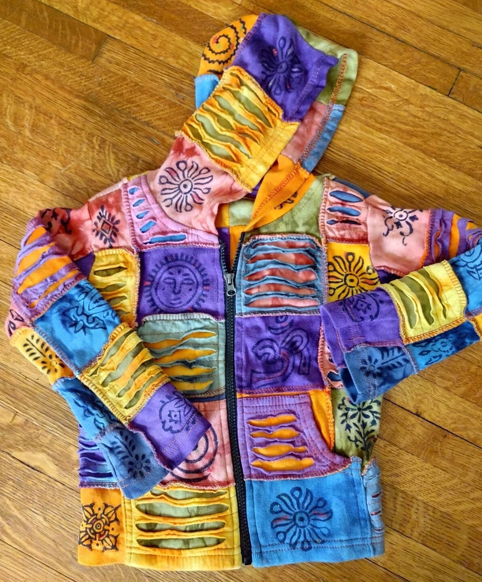 Hippie Children s Patchwork Hoodie Full Zip Hoodie rainbow colorful size small