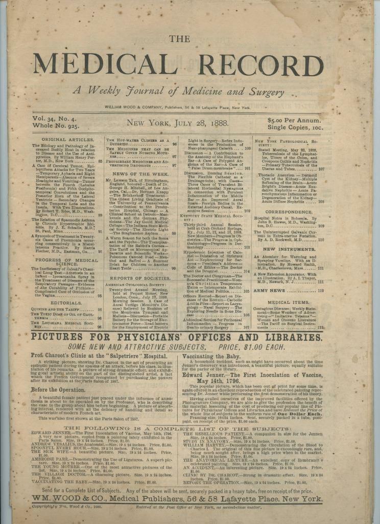 7/28 1888 New York Medical Record Journal Medicine Surgery Doctor Trade Magazine
