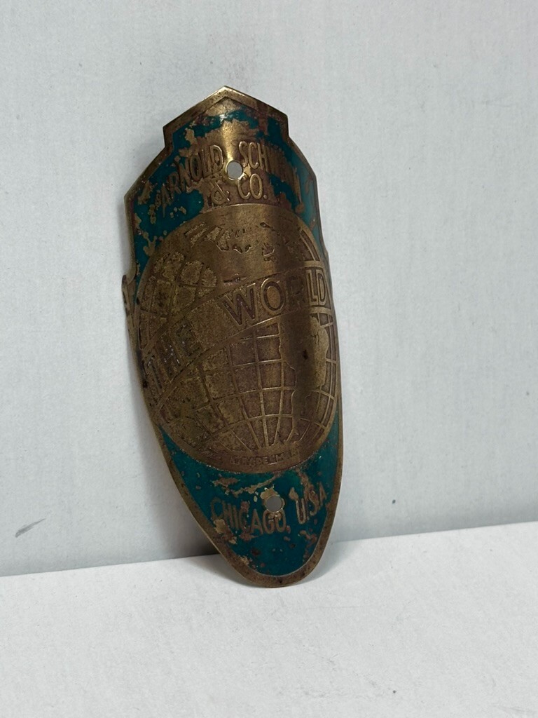 Original Arnold Schwinn The World Bicycle Head Badge Emblem Brass