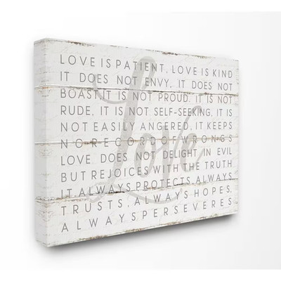 16 In. X 20 In. ''Love Is Patient Grey on White Planked Look'' by Jennifer Pugh Ca