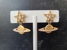Gold Tone Metal Celestial Rhinestone Dangling Earrings Vintage Costume Jewelry