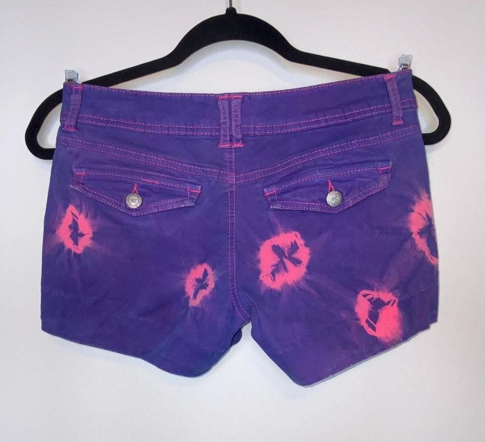 Pantalones Cortos Aeropostale Sarga Tie Dye Rave 28" Púrpura Rosa Tiro Bajo Y2k 4" Entrepierna Foto 3 de 4