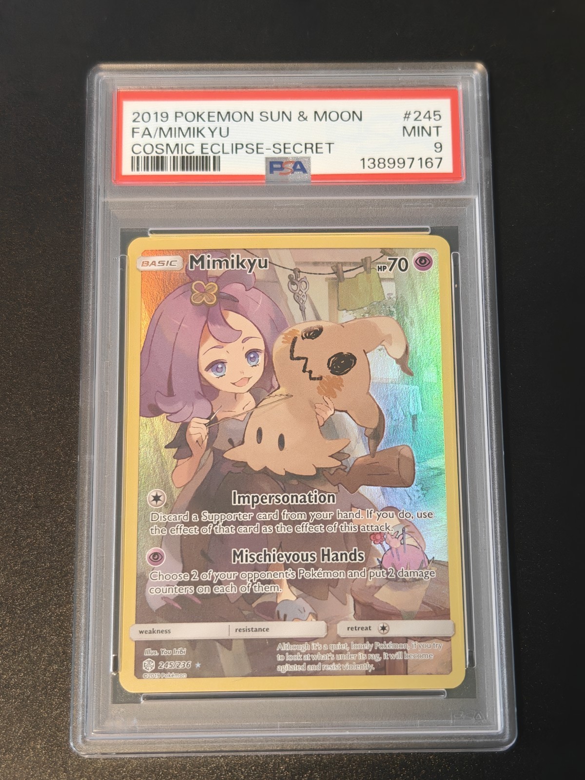 2019 POKEMON SUN & MOON COSMIC ECLIPSE SECRET #245 FULL ART/MIMIKYU PSA 9